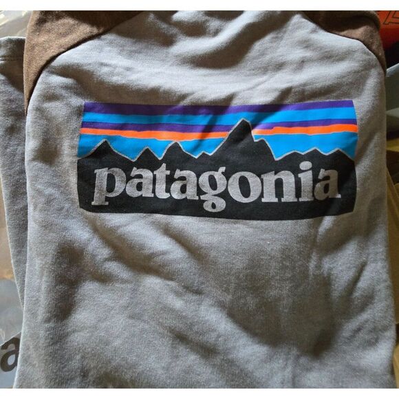 Patagonia Mens Grey/Brown Long Sleeve Raglan Shirt With Logo Print  gorpcore - Picture 2 of 6